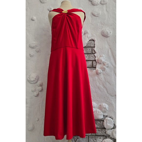 Tahari Dresses & Skirts - Elegant Red Halter Midi Dress with Gold Hardware Accent A-Line Formal Dress
